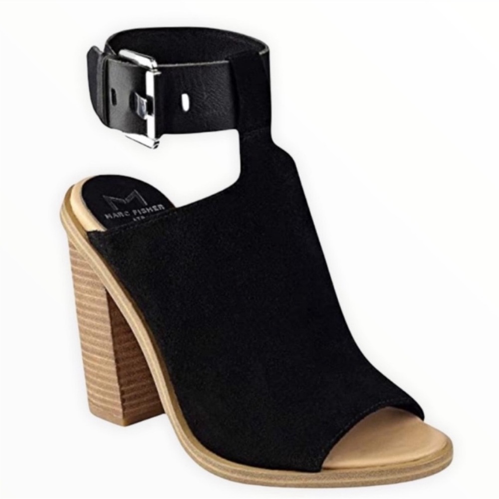 Marc Fisher Vashi Black Suede Ankle Strap Open Toe Heel